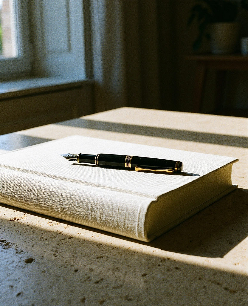 Journal de coaching et stylo sur une table en pierre